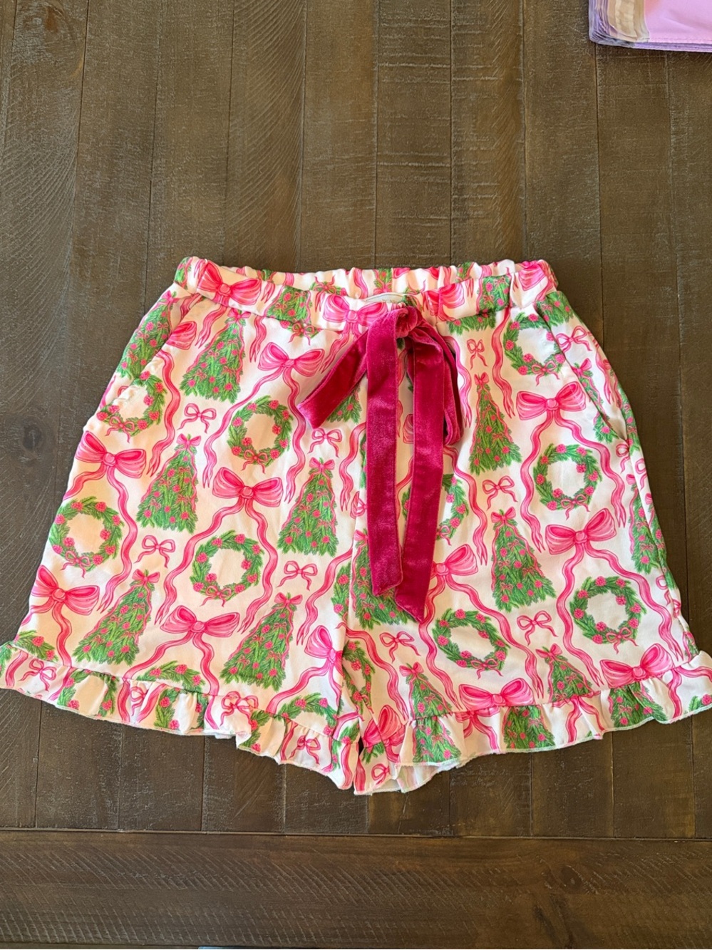 Simply Southern Pink and Green Holiday Wreath & Tree Pajama Shorts